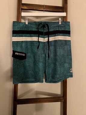 Men’s Voodoo Surfing Boardshorts Teal Stripe Swim Trunks